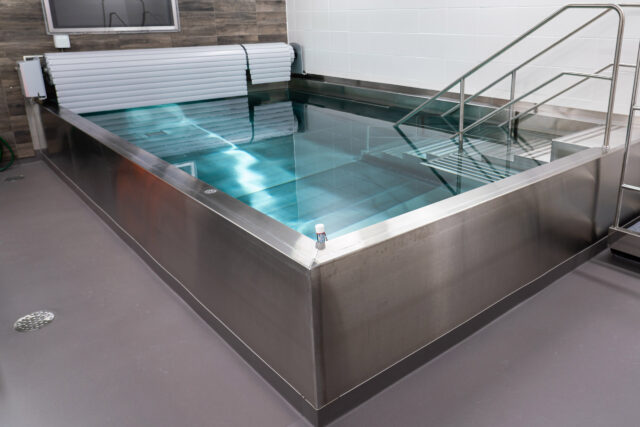 Square shaped steel pool with railings and cover.