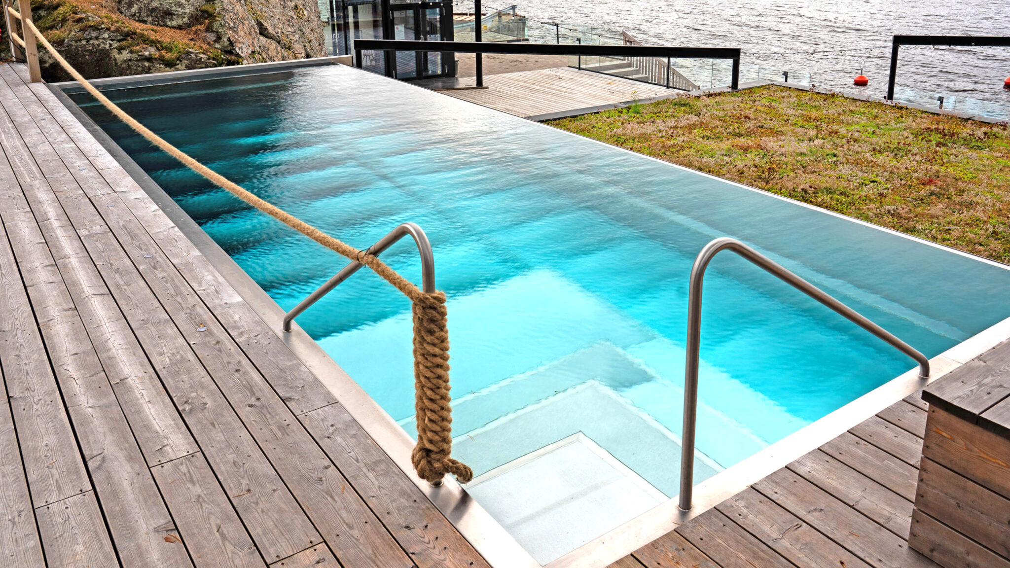 Pool made of steel by the lake.