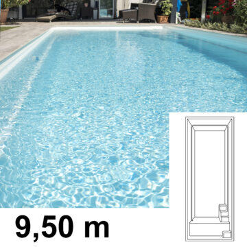 Large white fiberglass swimming pool photographed from one end